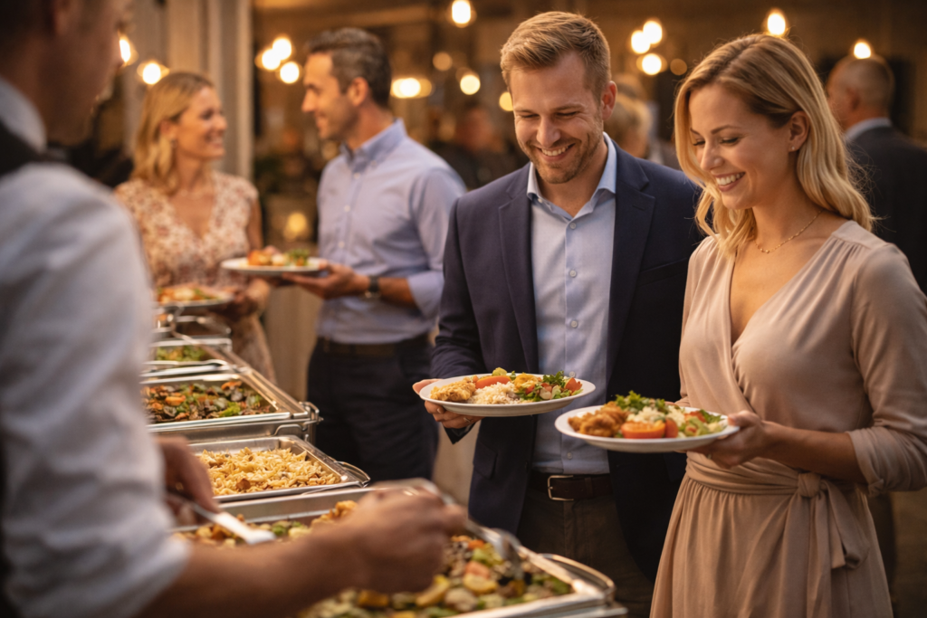 Rendezvény vendégei MenüKuckó catering svédasztalnál választanak ételt