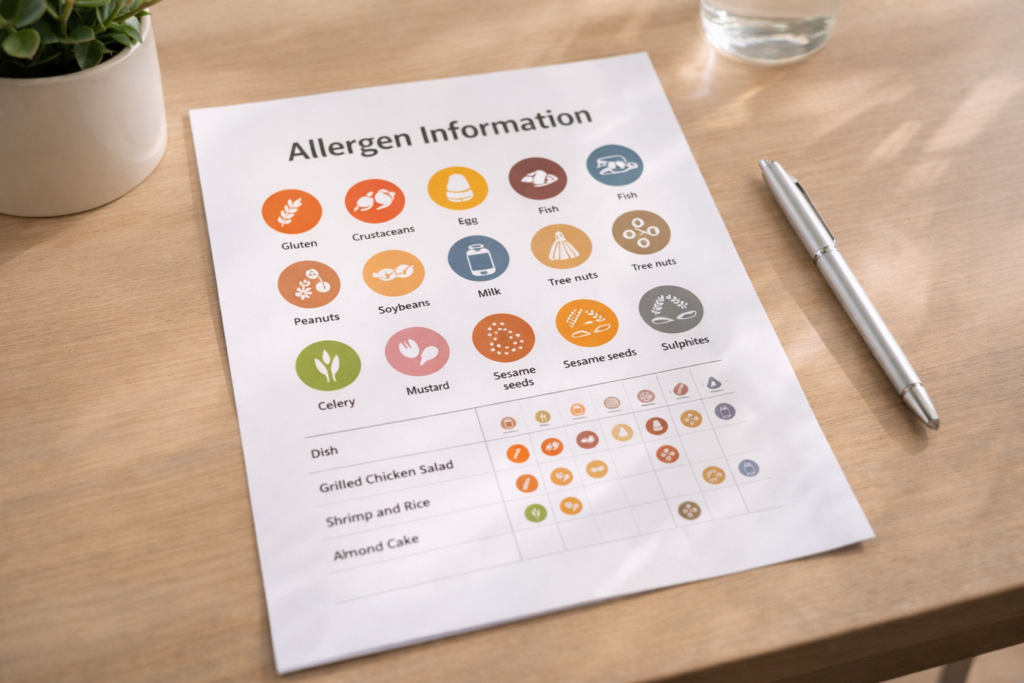 Allergén információs dokumentum étkezési jelölésekkel és menütáblázattal