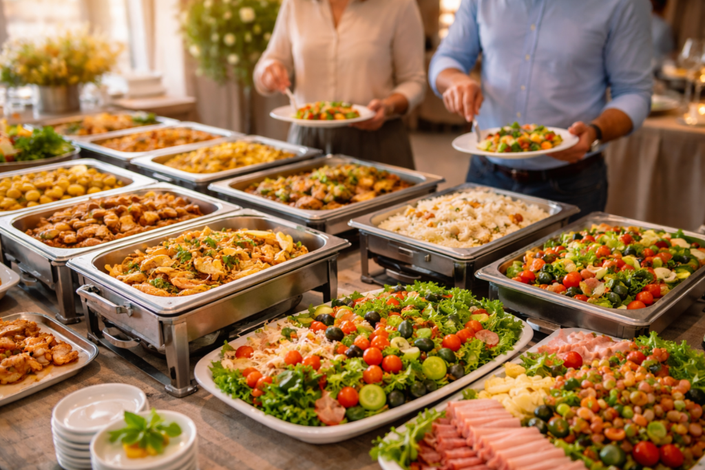 Svédasztalos catering kínálat meleg ételekkel salátákkal és hidegtálakkal